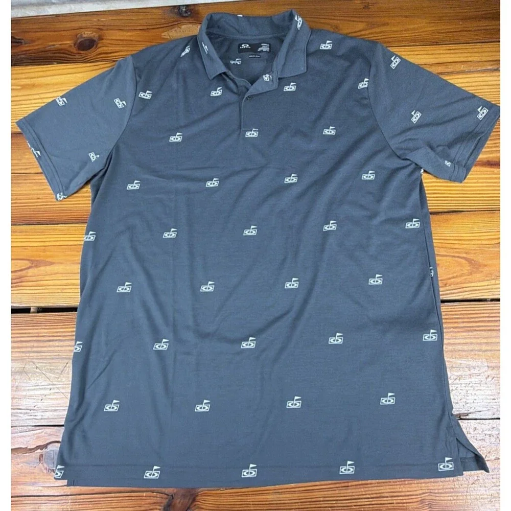 Oakley Hydrolix Golf Flag Print Gray Performance Stretch Polo Shirt Mens Sz XXL
